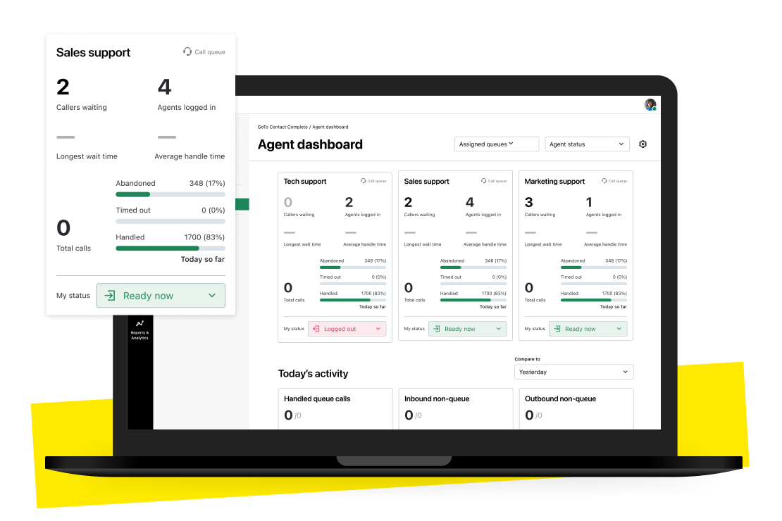 GoTo Connect Contact Center's agent dashboard showing tech, sales, and marketing support views on one unified screen.