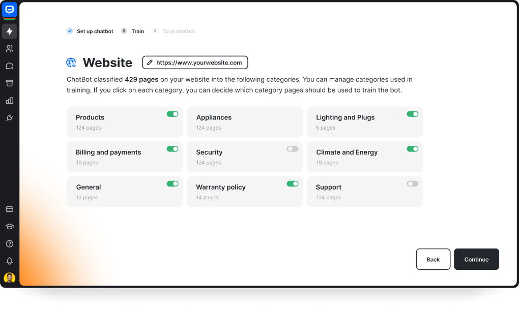 ChatBot software interface view with Set up your chatbot section, showing an AI chatbot training based on the provided website address. Use your website or other resources to make ChatBot an expert in your field. Select specific pages for precise AI model training. Instantly create your custom generative AI chatbot.