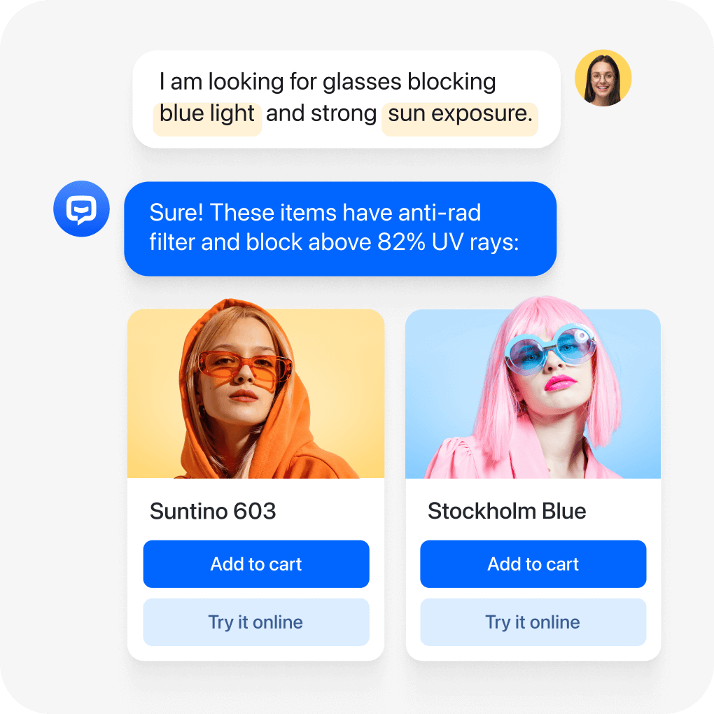 Customer support chatbot presenting personalized product recommendations for a customer.