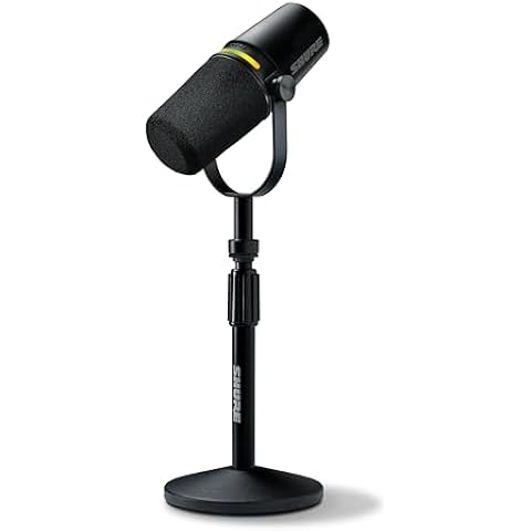 Shure MV7+ Podcast Dynamic Microphone with Stand. OBS Certified, Enhanced Audio, LED Touch Panel, USB-C & XLR Outputs, Auto Level Mode, Digital Pop Filter, Podcasting, Streaming, Recording - Black