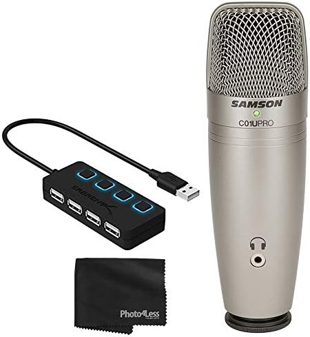 Samson C01U PRO USB Studio Condenser Microphone (Silver) + 4 Port USB 2.0 Hub with Individual LED Lit Power Switches + Cleaning Cloth - Deluxe Mic Bundle