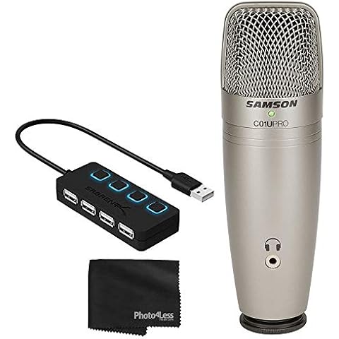 Samson C01U PRO USB Studio Condenser Microphone (Silver) + 4 Port USB 2.0 Hub with Individual LED Lit Power Switches + Cleaning Cloth - Deluxe Mic Bundle