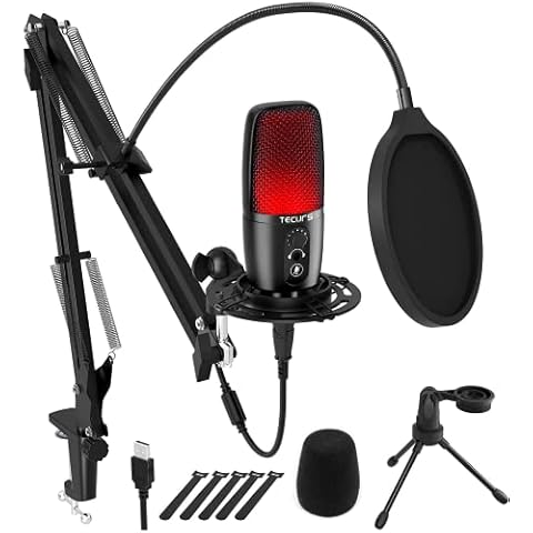 TECURS USB Microphone Condenser, PC Microphone Kit for Computer, Streaming Mic with Adjustable Boom Arm, Gaming Microphone for Podcast, Twitch, YouTube, PS4, PS5