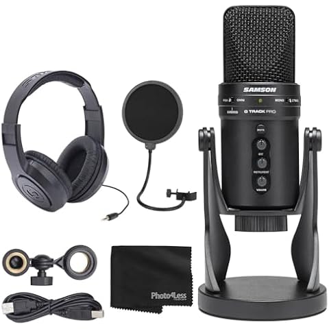 Samson -Track Pro USB 24-bit Studio Condenser Mic with Audio Interface Bundle Professional Stereo Headphones + Pop Filter + Cloth (4 Items)