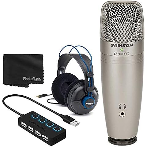 Samson C01U PRO USB Studio Condenser Microphone + Professional Studio Headphones + 4 Port USB 2.0 Hub with Individual LED Lit Power Switches - Great Microphone Bundle