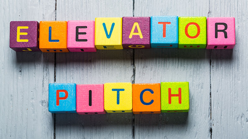 Colorful blocks spelling elevator pitch.