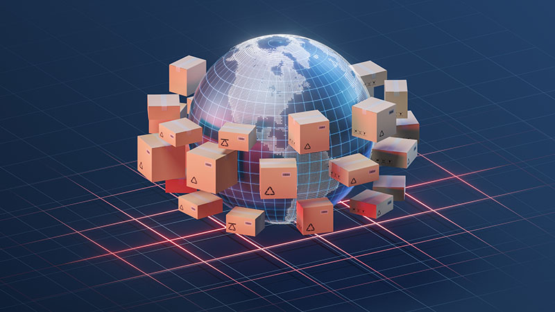 3D rendering of a globe surrounded by shipping boxes.