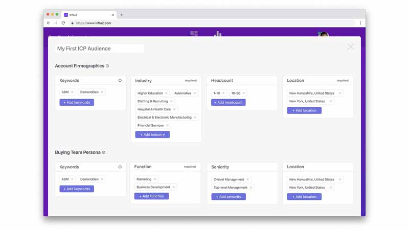 The Influ2 website showcasing some of the product features.