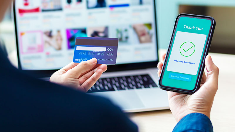 Person using a credit card to shop on their phone.