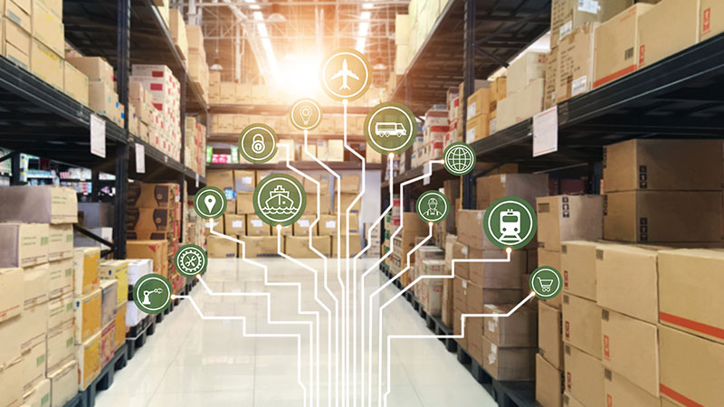 Logistics network icons in a warehouse setting.
