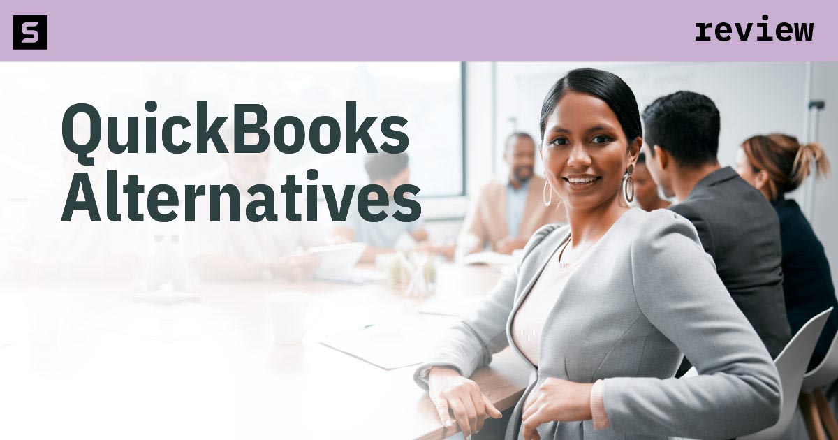 Business woman smiling next to text that says, QuickBooks alternatives.