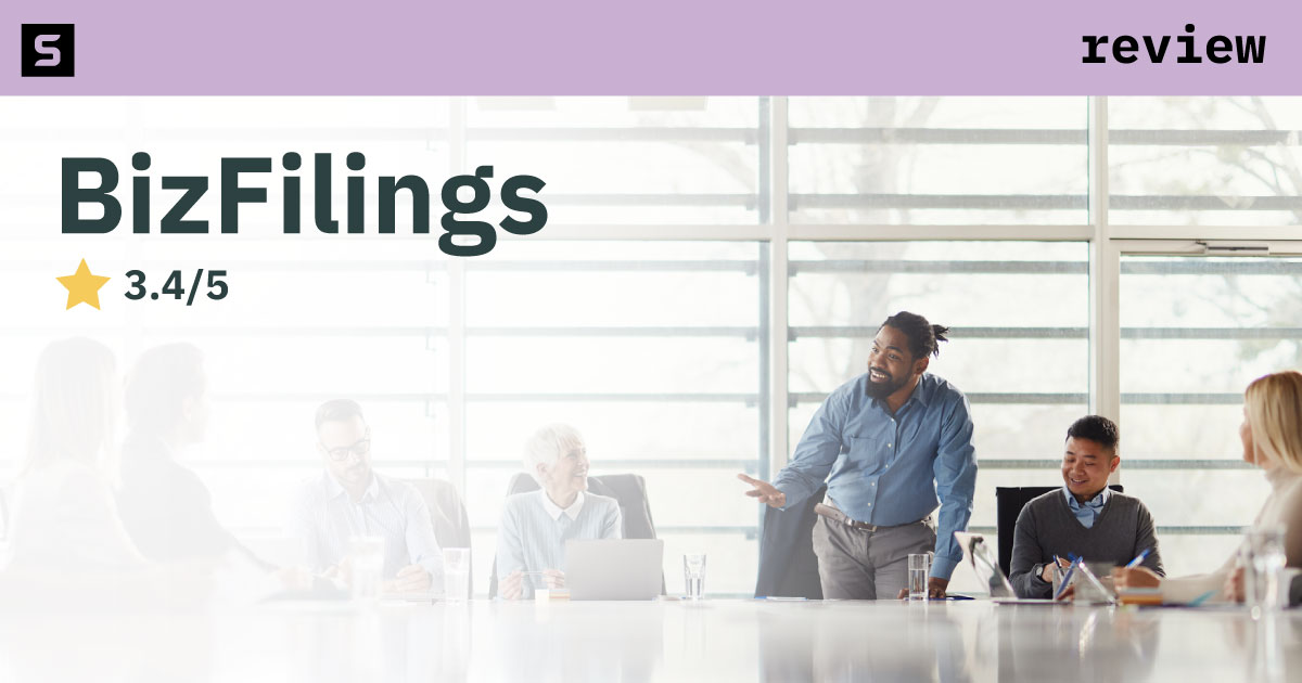 Smiling man pointing at BizFilings logo.