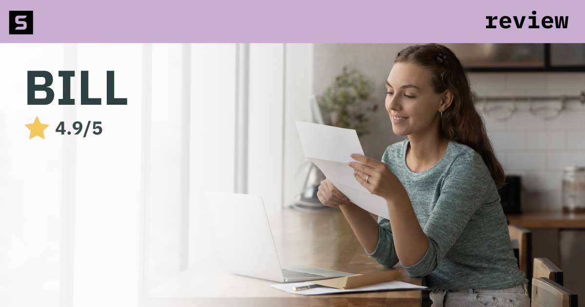 Smiling business person pointing at 4.9 stars and BILL logo.