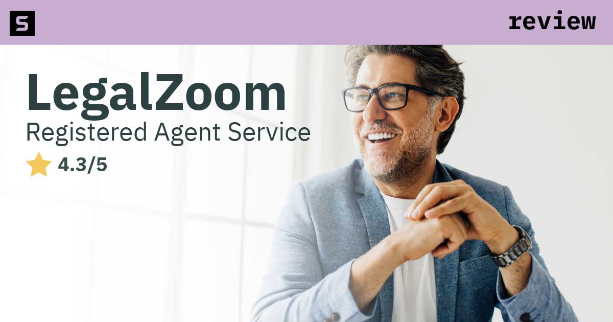 Woman smiling, holding a notebook with text LegalZoom Registered Agent Service Review.