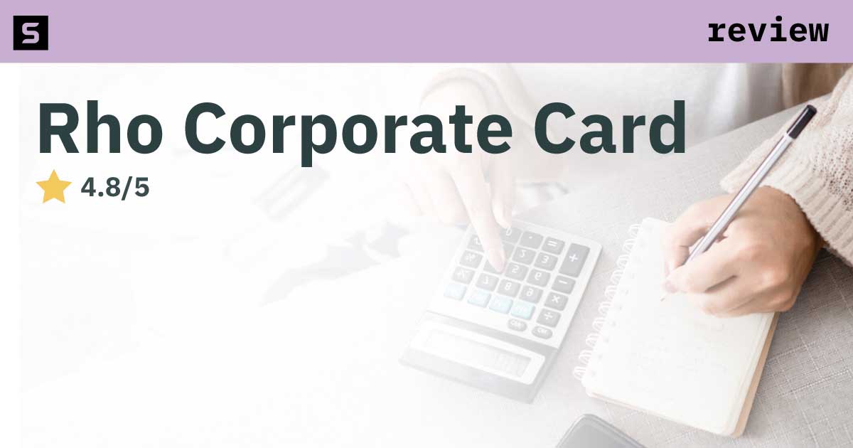 Smiling business person pointing at 4.9 stars and Rho logo.