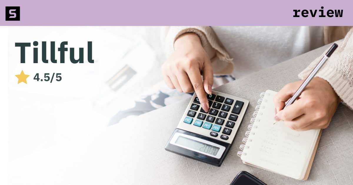 Smiling business person pointing at 4.5 stars and Tillful logo.