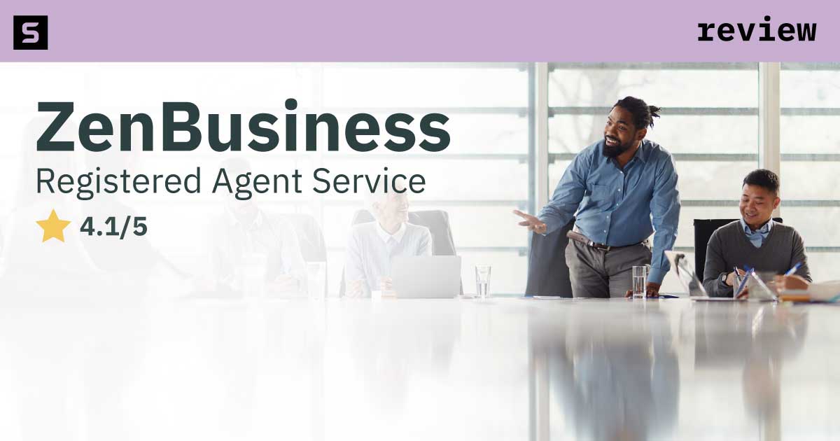 Businessman smiling and pointing at ZenBusiness logo next to 4.5 star rating.