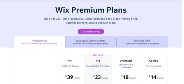 Wix plans and pricing.