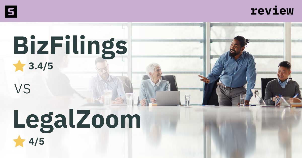 Smiling woman between BizFilings and LegalZoom logos.