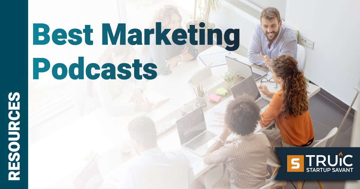 People in meeting about a marketing podcast.