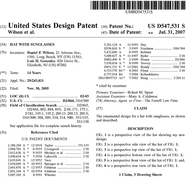 US Design Patent D547,531 titled “Hat with Sunglasses.”