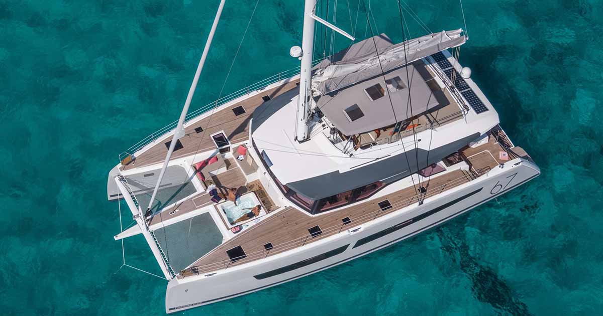 Aerial view of a yacht on the water.