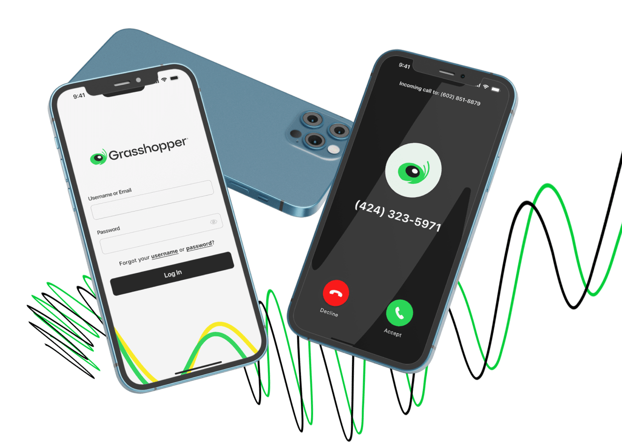 Apple iphone screens showing the Grasshopper login screen and incoming call screen